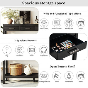 English Elm U_style Farmhouse Console Table with Three Drawers Open Shelf Entryway Organizer Black N711P410445B