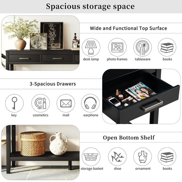English Elm U_style Farmhouse Console Table with Three Drawers Open Shelf Entryway Organizer Black N711P410445B