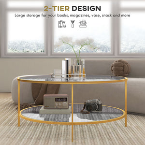 English Elm Homcom 36" Round Side Table With 2-Tier Glass Shelves And Gold Steel Frame For Stylish Living Spaces W2225P217454