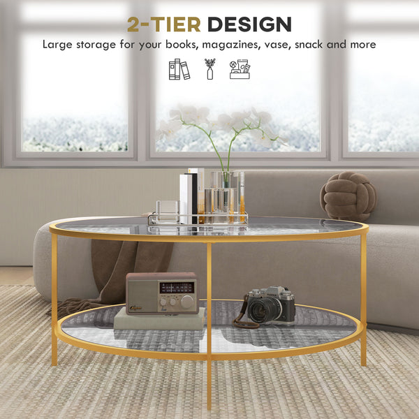 English Elm Homcom 36" Round Side Table With 2-Tier Glass Shelves And Gold Steel Frame For Stylish Living Spaces W2225P217454