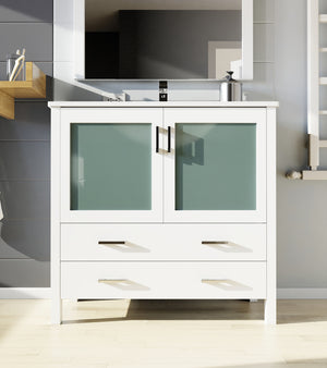 English Elm White 36 in. Bathroom Vanity with Scratch-Resistant White Ceramic Top, Chrome Faucet & 34" Mirror B2731S01288