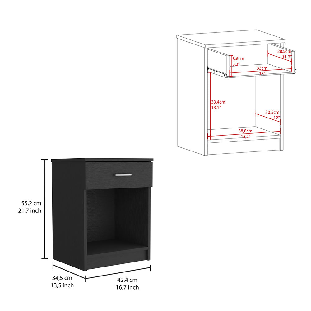 English Elm Eco Nightstand with Spacious Drawer and Open Shelf, Compact 21.7" Height Durable Laminated Finish Black 25.6 L x 18.5 W x 5.5 H B20091851