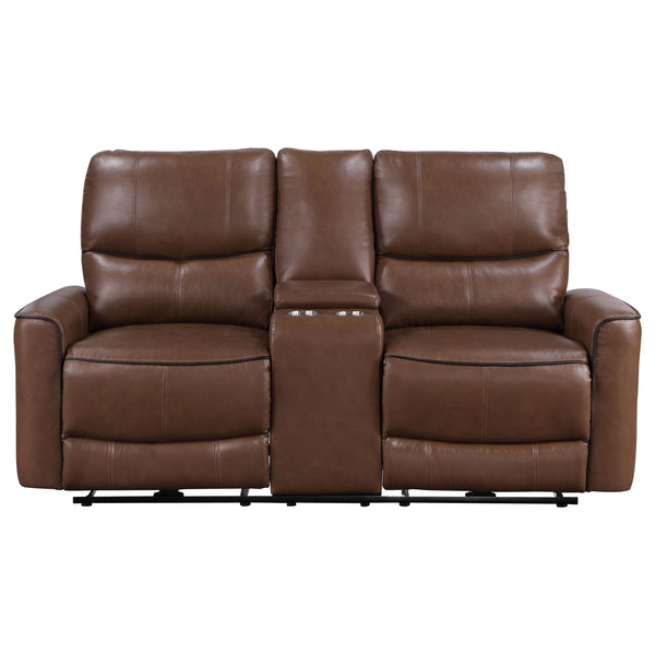 English Elm Denson Saddle Brown Power Reclining Loveseat with Console, Cup Holders & Easy-Care Leatherette Comfort B062P353262