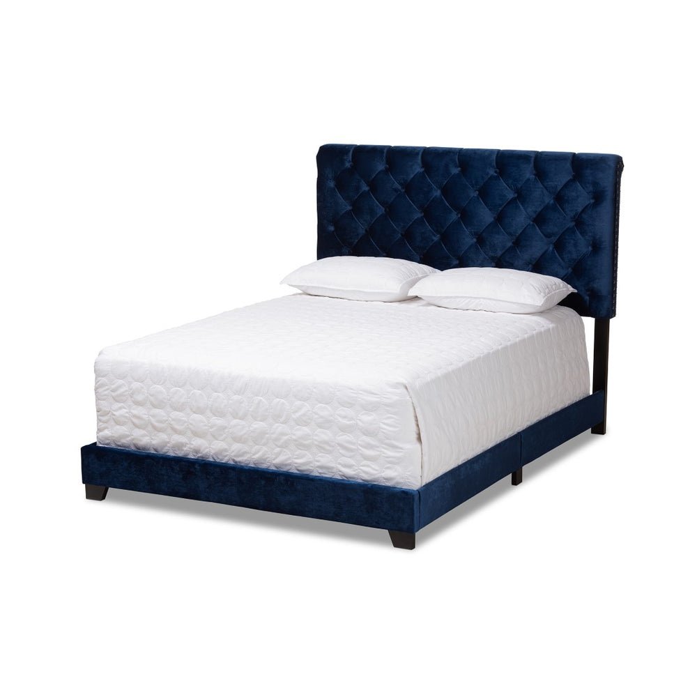 Baxton Studio Baxton Luxe Navy Velvet Upholstered Bed with Chrome Nailhead Trim and Button-Tufted Headboard Full Candace-Navy-Full
