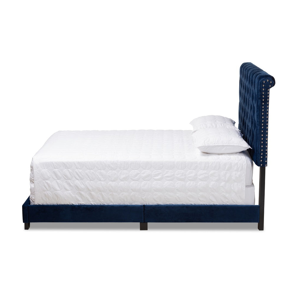 Baxton Studio Baxton Luxe Navy Velvet Upholstered Bed with Chrome Nailhead Trim and Button-Tufted Headboard Full Candace-Navy-Full