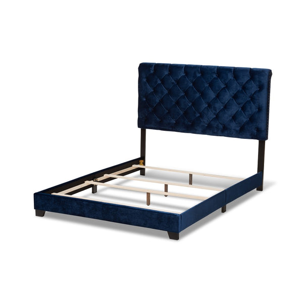 Baxton Studio Baxton Luxe Navy Velvet Upholstered Bed with Chrome Nailhead Trim and Button-Tufted Headboard Full Candace-Navy-Full