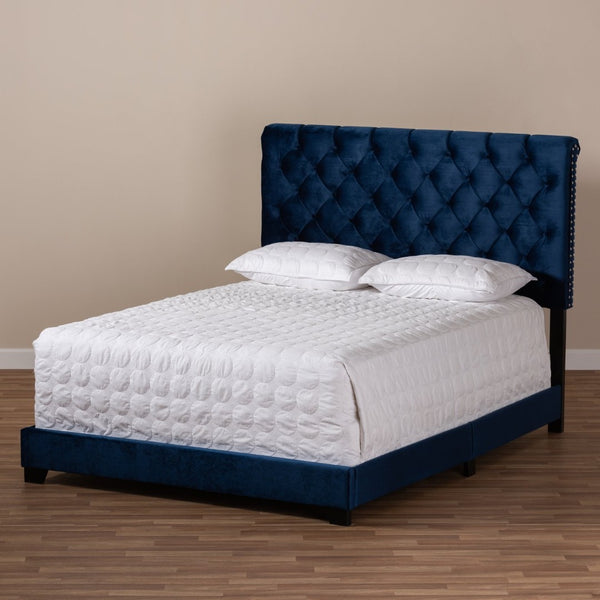 Baxton Studio Baxton Luxe Navy Velvet Upholstered Bed with Chrome Nailhead Trim and Button-Tufted Headboard Full Candace-Navy-Full