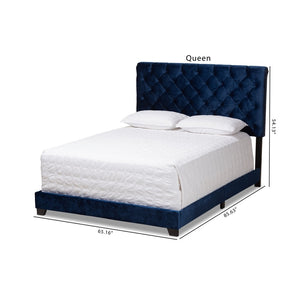 Baxton Studio Baxton Luxe Navy Velvet Upholstered Bed with Chrome Nailhead Trim and Button-Tufted Headboard Full Candace-Navy-Full