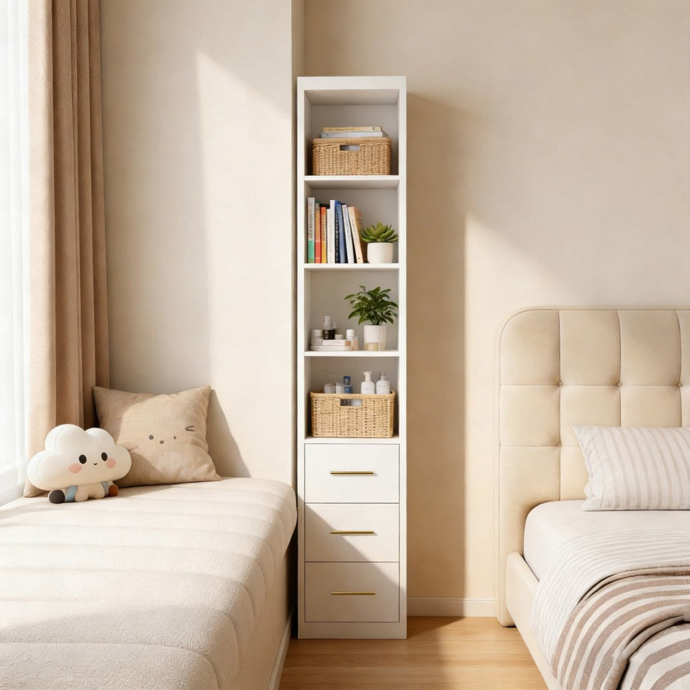 English Elm 15.75x85.04inch White Slim Tower Cabinet Four Shelves Three Drawers Bedroom Bath W5290P457931