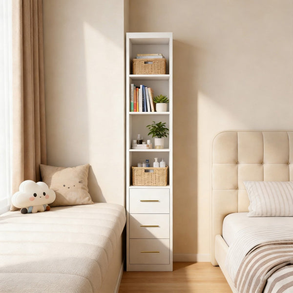 English Elm 15.75x85.04inch White Slim Tower Cabinet Four Shelves Three Drawers Bedroom Bath W5290P457931