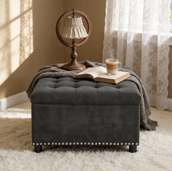 English Elm Storage Ottoman Tufted Nailhead Trim Lift Top Footstool for Living Room or Bedroom Dark Grey W5568P446991