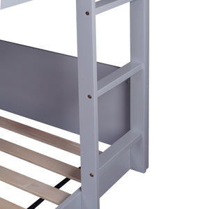 English Elm Twin Over Twin House Floor Bunk Bed With Safety Guardrails, Ladder & Playful Grey Design For Kids W504P314948-GIGA