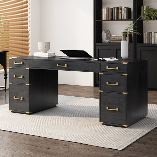 English Elm 70" Executive Writing Desk with Gold Metal Trim Seven Drawers and Built-in Power Outlets N751S376579B