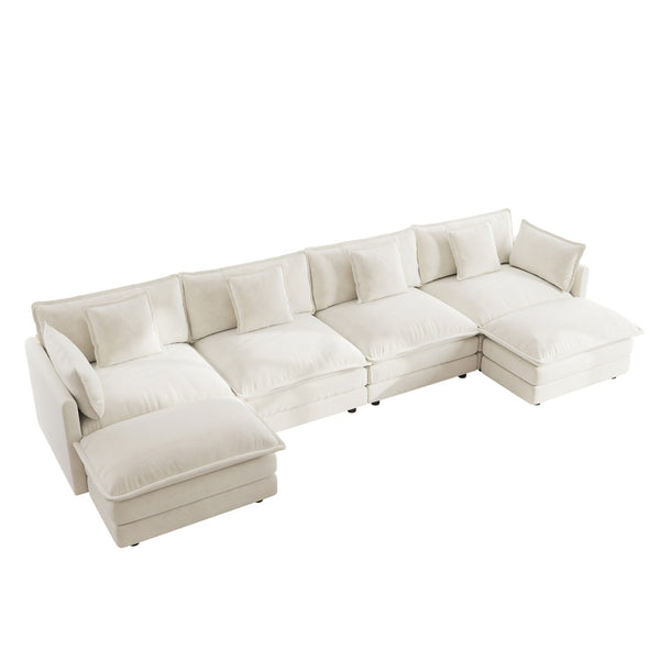 English Elm Comfort Modular U-shape Sectional Sofa White Chenille with Reversible Chaise and Ottomans W714S00564