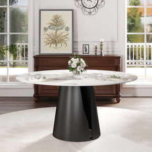 English Elm 59.05"Modern Round Dining Table With Durable Sintered Stone Top & Black Steel Base For 6-8 People W1535S00442
