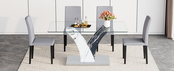 English Elm Table And Chair Set – Modern Tempered Glass Dining Table With 4 Comfortable Light Gray Upholstered Chairs W1151S03806-GIGA