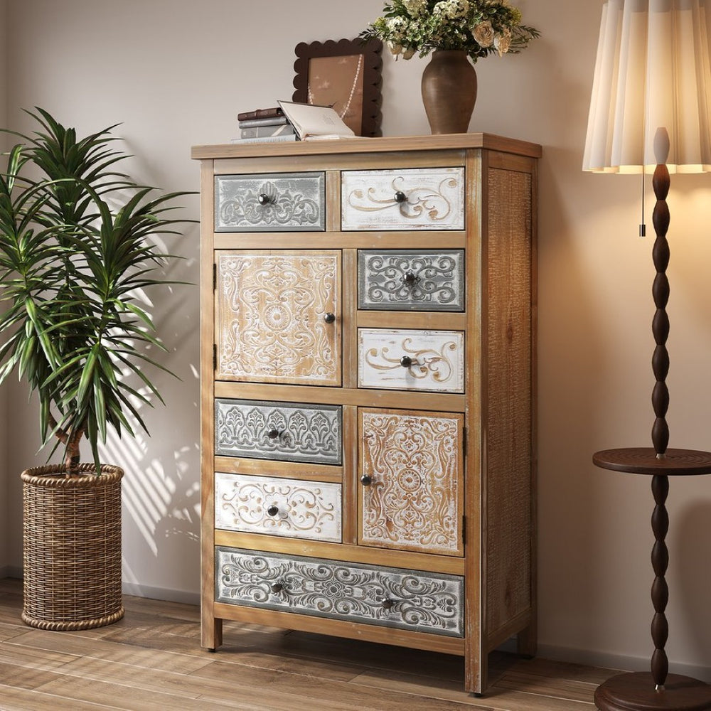 English Elm Vintage Tall Wooden Accent Cabinet - 6 Drawers & 2 Doors, Rustic Multicolor Storage For Home Decor W2295P388840-GIGA