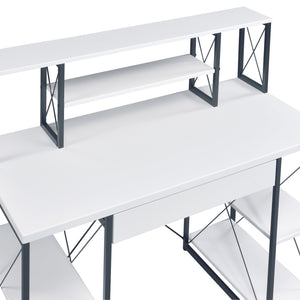 English Elm White White and Black Office Desk with Hutch, Spacious Drawer, Stable Wood Surface for Studios B062P184529