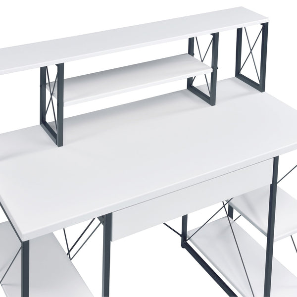 English Elm White White and Black Office Desk with Hutch, Spacious Drawer, Stable Wood Surface for Studios B062P184529