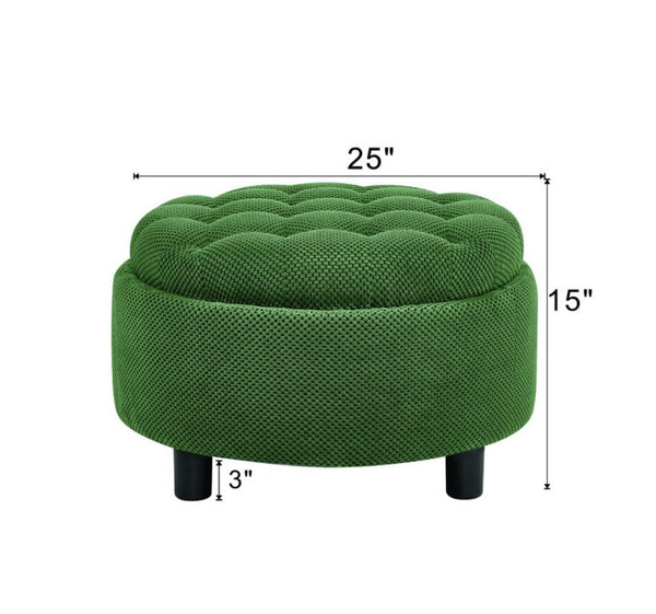 English Elm 25 Inch Round Fabric Pouf Ottoman with Removable Wooden Lid and Hidden Interior Storage Dark Green W5568P461364