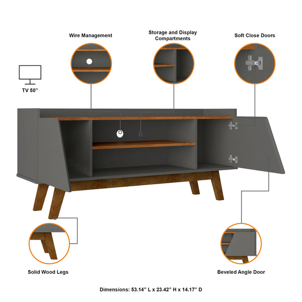 English Elm Marcus 53" TV Stand with Soft-Close Doors, Cable Management, Solid Pine Legs & 4 Fixed Shelves — Modern Entertainment Console DARK GREY B365P397900