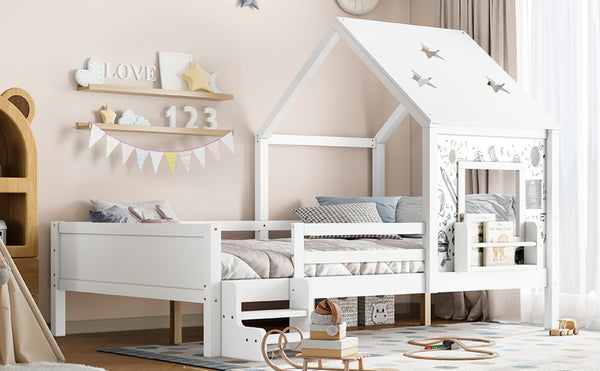 English Elm Full Bunk Bed with Trundle Bookshelf Storage Pine Frame Car Design for Kids Light White W1580S00295