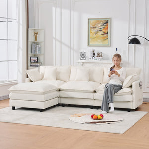 English Elm 101.9-inch Chenille Modular Sofa with Movable Footstool for Living Room Comfort Beige W288S00031