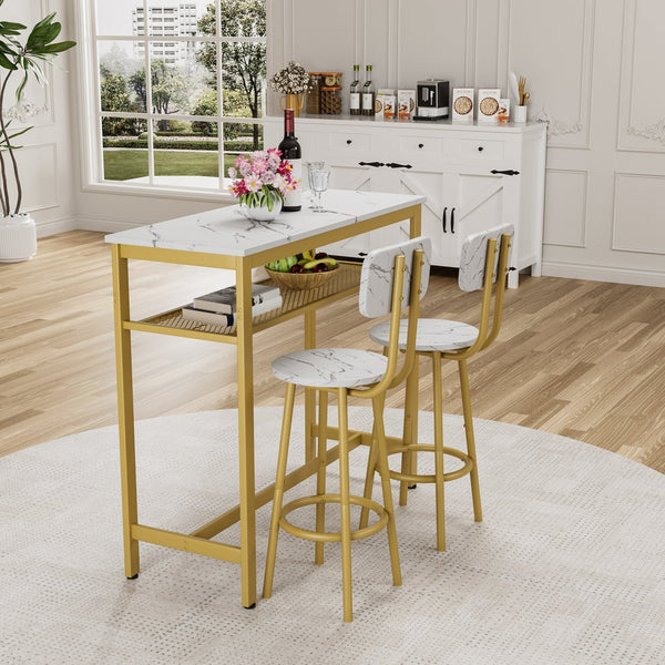 English Elm Dining 5-Piece Farmhouse Dinette Set with Sleek Metal Frame, Compact Mid-Century Table and 4 Chairs for Kitchen White+Gold W578P304320