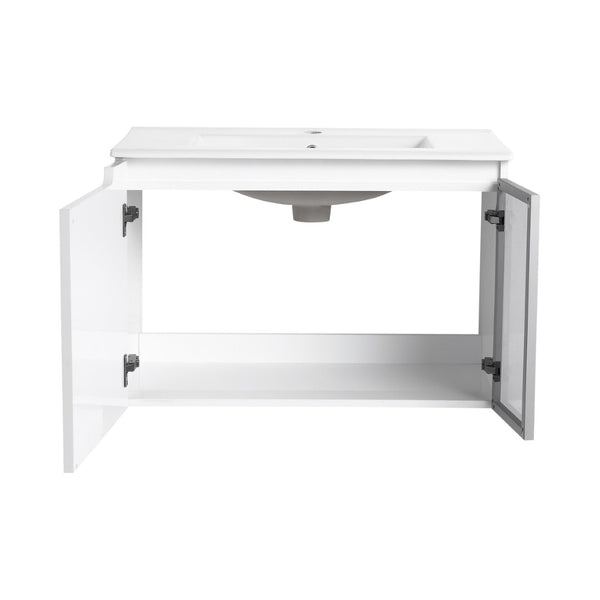 English Elm 72" Floating Double Bathroom Vanity Plywood Cabinet Ceramic Sinks Soft Close Doors W999S00533