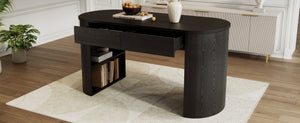 English Elm Storage Writing Desk with Curved Base Open Shelves and Drawers for Home Office Black N757P306285B