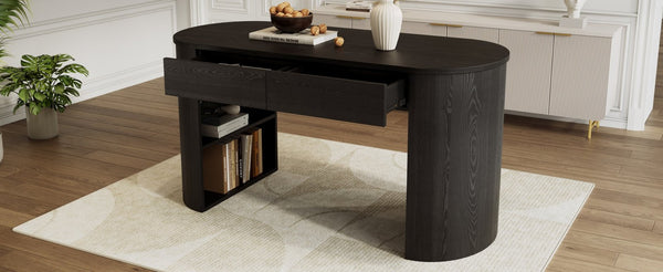 English Elm Storage Writing Desk with Curved Base Open Shelves and Drawers for Home Office Black N757P306285B