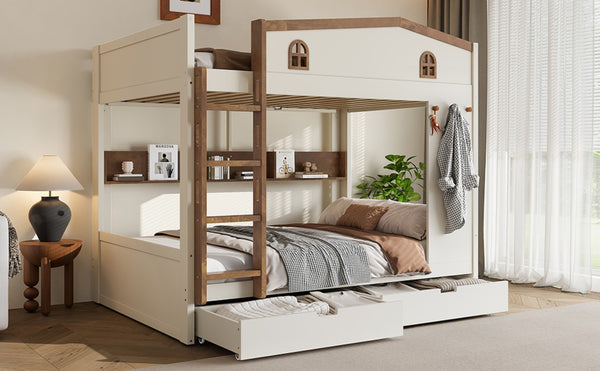 English Elm Twin Xl Solid Pine Loft Bed with Built-in Led Lighting and Storage Shelves W1580S00390
