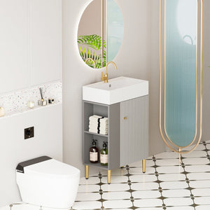 English Elm 21.6" Compact Bathroom Vanity Ceramic Sink Soft-close Storage Wave Door Grey Finish W1573S00020