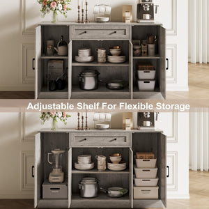 English Elm Buffet Sideboard 55 Inch Farmhouse Credenza with Barn Doors Drawer and Open Shelving Gray T5618P451111