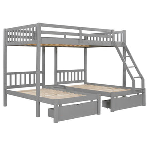 English Elm Full Over Twin Triple Bunk Bed Pine Wood Frame with Storage Drawers and Guardrails LT000343AAE-1