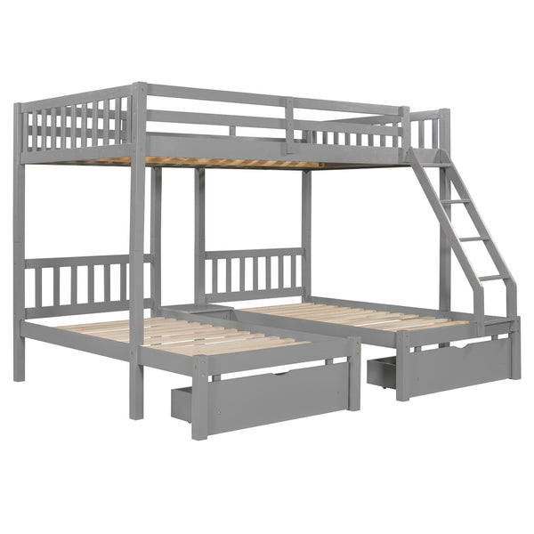 English Elm Full Over Twin Triple Bunk Bed Pine Wood Frame with Storage Drawers and Guardrails LT000343AAE-1