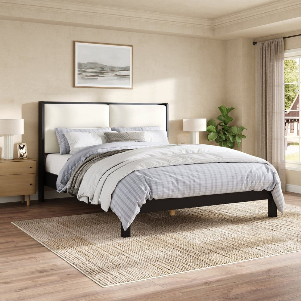 English Elm Solid Wood Queen Platform Bed Velvet Tufted Headboard Architectural Slat Design Black N7090000742B