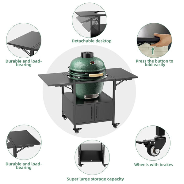 English Elm Outdoor Metal Kamado Grill Cart with Folding Prep Panels and Bottom Storage Compartment W3190P305785