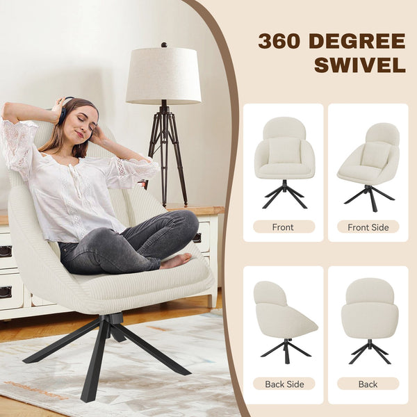 English Elm Modern Swivel Accent Chair with Adjustable Headrest, Oversized Corduroy Upholstered Rocking Recliner for Living Room Beige T3950P397486