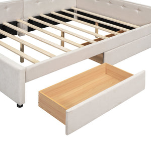 English Elm Full Full Size Upholstered Platform Bed with USB Ports, 2 Storage Drawers, Beige Linen Elegance DL000585AAA