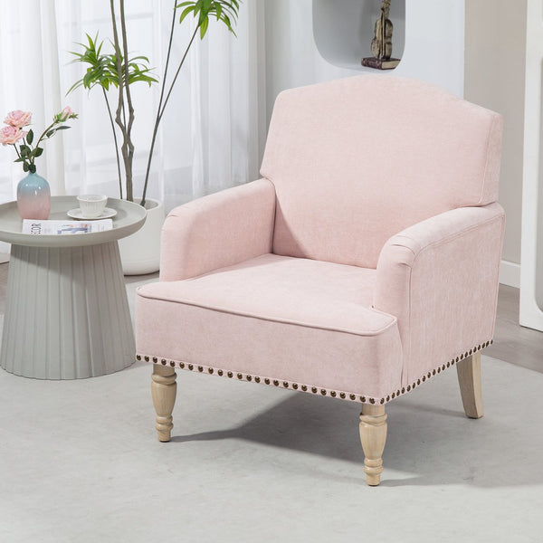 English Elm Modern Upholstered Accent Chair with Retro Wooden Legs Nailhead Trim High-Density Foam Seat 300lbs Pink W3042P262916