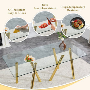English Elm 71-inch Tempered Glass Dining Table Electroplated Metal Base Open Airy Modern Style Gold W3875S00006