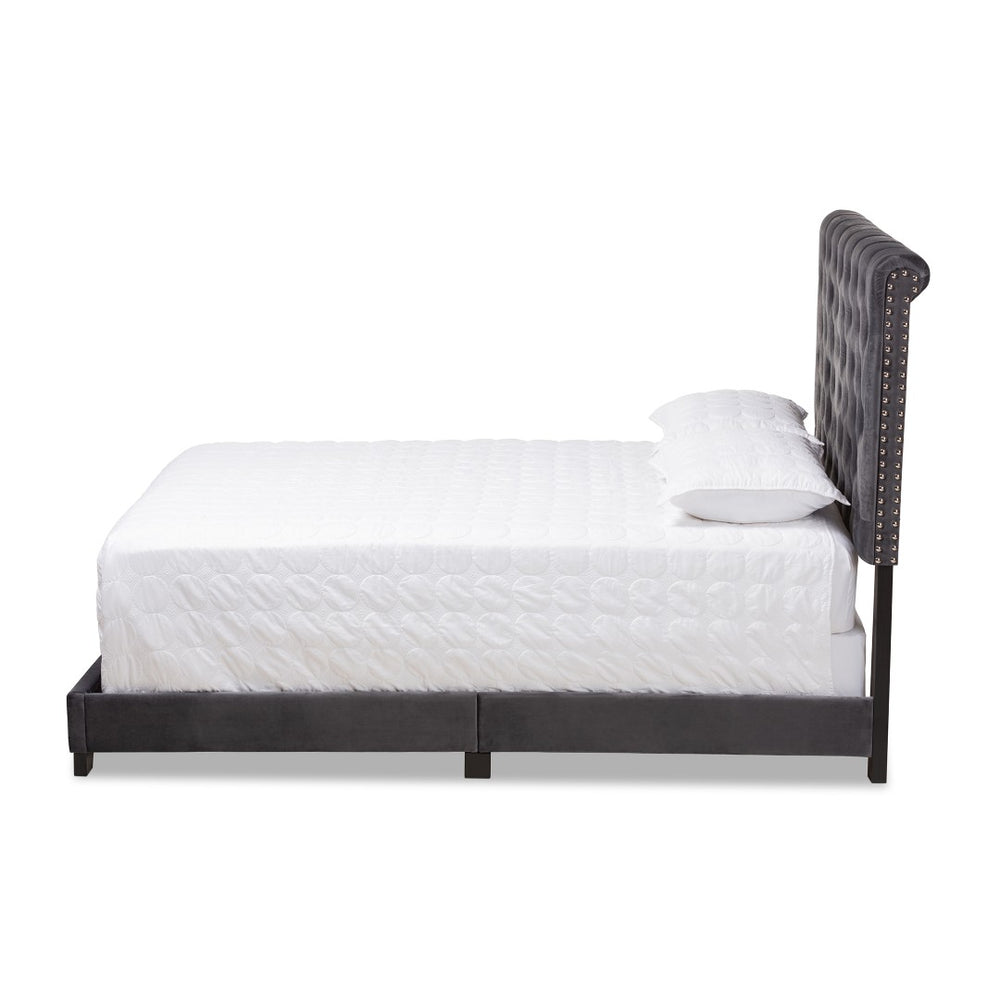 Baxton Studio Baxton Studio Luxe Glamour Dark Grey Velvet Upholstered Bed with Elegant Chrome Nailhead Trim King Candace-Grey-King