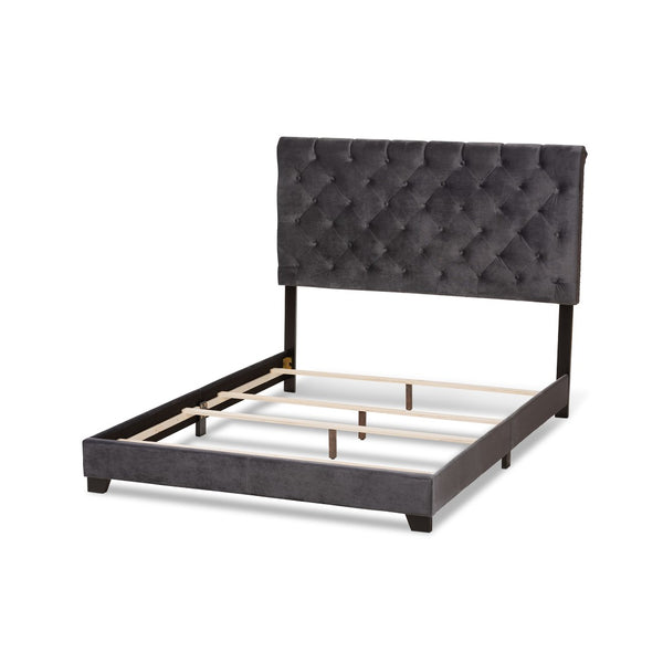 Baxton Studio Baxton Studio Luxe Glamour Dark Grey Velvet Upholstered Bed with Elegant Chrome Nailhead Trim King Candace-Grey-King