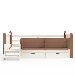 English Elm Twin Pine Floor Bed with Guardrails Built-in Bookcases and Stair Steps for Kids Beige W1580P430199