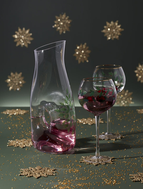 Lenox Holiday Hand-painted Glass Decanter with Holly Berry Pattern for Festive Table Serving 895033