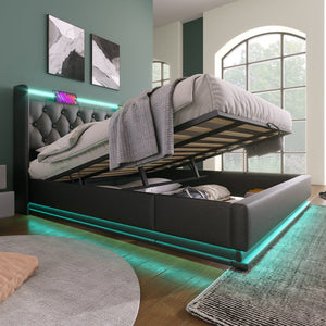 English Elm King Upholstered Bed with Surround LED, App/Remote Control, Hydraulic Storage, USB Type-C Charging Black N736P188808B