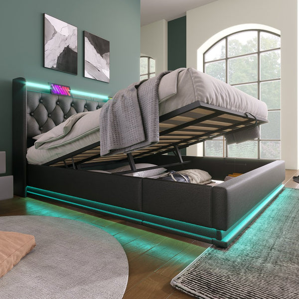 English Elm King Upholstered Bed with Surround LED, App/Remote Control, Hydraulic Storage, USB Type-C Charging Black N736P188808B