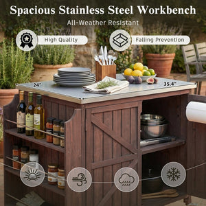 English Elm K&k Rolling Outdoor Kitchen Island Solid Fir Wood Stainless Steel Top Storage Cabinet Dark Brown N707P370287Z