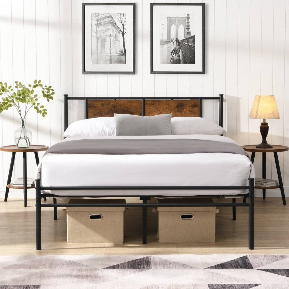 English Elm Queen Steel Bed Frame with Wood Panel Headboard Modern Matte Black Bedroom Design W2297P281497
